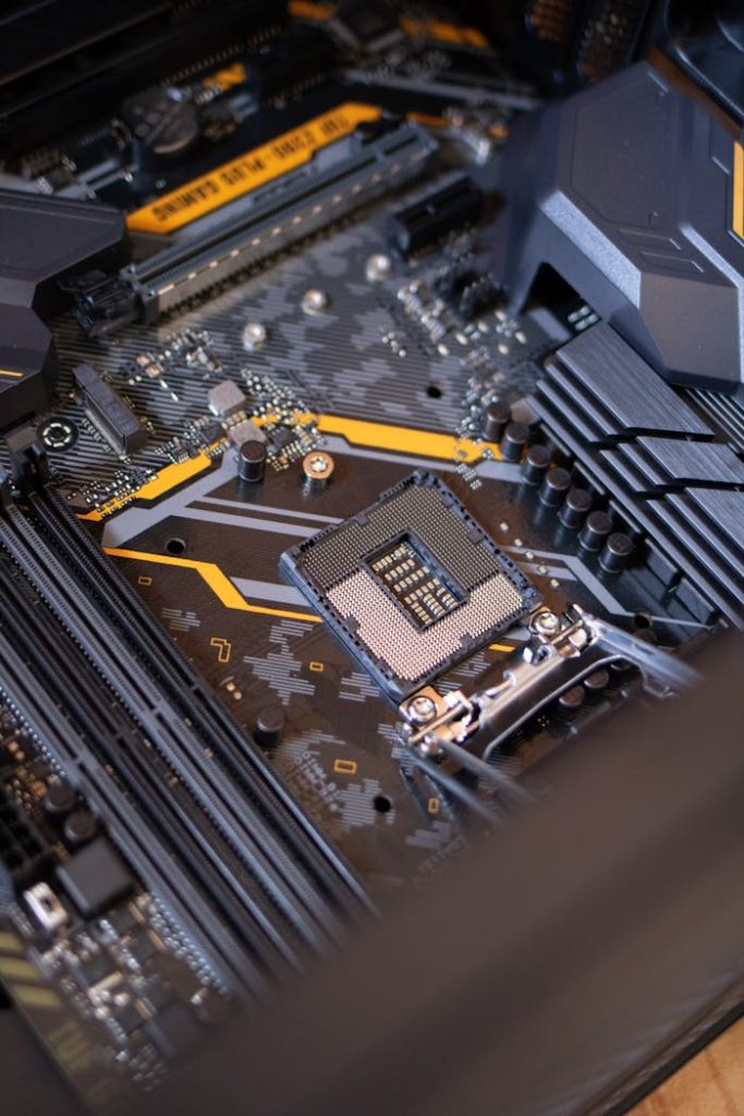 Detailed view of a computer motherboard highlighting electronic components and technology connections.